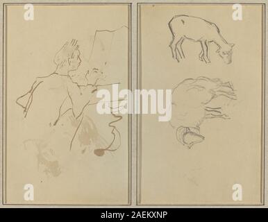 Oeuvre de Paul Gauguin de 1884-1888 au verso montrant un homme jouant du piano et deux moutons, représentant l'activité musicale, la figure humaine, la forme animale, la posture, et étude de composition. Banque D'Images