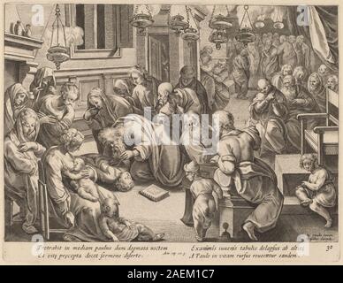 Gravure représentant la chute d'Euthychus, créée par Philip Galle d'après Jan van der Straet, illustrant un événement biblique avec des figures détaillées et une architecture intérieure. Banque D'Images