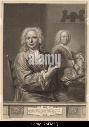 Jan Maurits Quinkhard de Pieter Tanje D'après Jan Maurits Quinkhard, 1741, représente le peintre hollandais sous forme de portrait, montrant les traits du visage, la posture, la tenue vestimentaire et les outils de l'artiste. La gravure illustre le portrait néerlandais du XVIIIe siècle et la représentation artistique. Banque D'Images