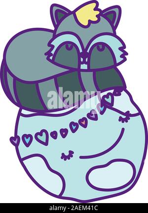 Douche de bébé raton laveur mignon dormir sur monde coeurs amour cartoon vector illustration Illustration de Vecteur