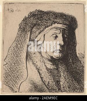 Buste de 1631 d'une vieille femme vêtue d'un manteau fourré et d'une coiffe lourde par Rembrandt et studio, montrant les traits du visage, les textures des costumes, la coiffe détaillée et les conventions de portrait baroque. Banque D'Images