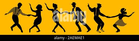 Bannière battante avec trois couples de danseurs silhouettes sur fond jaune. Les gens en 1940 ou 1950. Vector illustration. Illustration de Vecteur