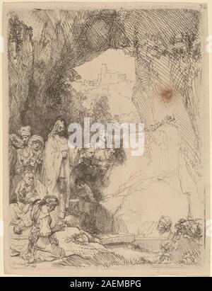 Une petite gravure sur plaque de 1642 de Rembrandt van Rijn représentant l'élévation de Lazare, montrant des figures humaines, des gestes, des draperies et une composition narrative typique des estampes néerlandaises de l'âge d'or. Banque D'Images