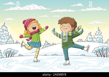 Deux enfants skatin. Hand drawn vector illustration avec des calques distincts. Illustration de Vecteur