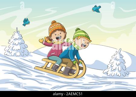 Deux enfants vont faire de la luge. Hand drawn vector illustration avec des calques distincts. Illustration de Vecteur