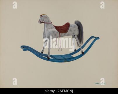 Cette photographie de 1937 de Rex F Bush montre un cheval à bascule en bois avec des détails sculptés, une surface peinte et des rockers fonctionnels, représentant des jouets pour enfants de l'époque. Banque D'Images