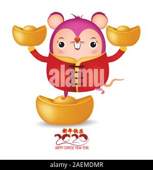 Bonne année 2020. Nouvel An chinois lingot d'or , . L'année du petit rat. Traduction Nouvelle Année heureuse. Cartoon vector illustration isolé de rat Illustration de Vecteur