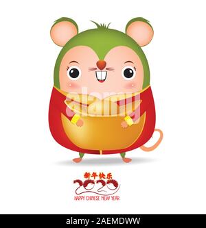 Bonne année 2020. Nouvel An chinois lingot d'or , . L'année du petit rat. Traduction Nouvelle Année heureuse. Cartoon vector illustration isolé de rat Illustration de Vecteur