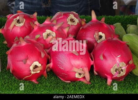 Les fruits du dragon ou pitaya comme ils s'appellent également à la vente à un marché à Taiwan Banque D'Images