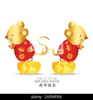 Petit rat à la détention d'or chinois lingot , souris d'animal. zodiac chances an 2020 du rat. Le Nouvel An chinois. Cartoon vector illustration isolé Illustration de Vecteur