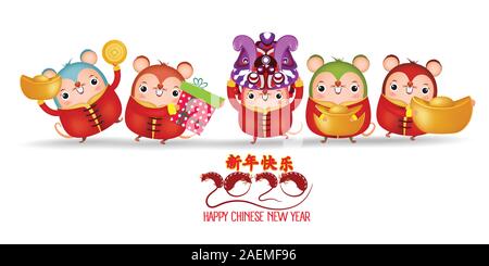 Nouvel an chinois 2020 - Année du Rat. Jeu de cute cartoon rat dans différentes posent isolé sur fond blanc. Bonne année de traduction Illustration de Vecteur