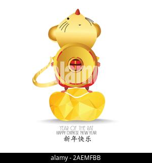 Petit rat à la détention d'or chinois lingot , souris d'animal. zodiac chances an 2020 du rat. Le Nouvel An chinois. Cartoon vector illustration isolé Illustration de Vecteur