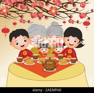 Festival de mi-automne ou le nouvel an chinois banner illustration avec une famille heureuse avec des aliments traditionnels (traduction chinoise heureux nouvel an chinois) Illustration de Vecteur