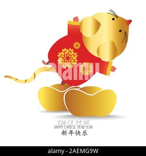 Petit rat à la détention d'or chinois lingot , souris d'animal. zodiac chances an 2020 du rat. Le Nouvel An chinois. Cartoon vector illustration isolé Illustration de Vecteur