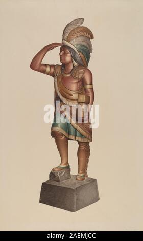 Magasin de cigares indien par Robert Pohle, 1935-1942, représentant une figure en bois, surface peinte, tenue traditionnelle, coiffe, détails sculptés, signalisation commerciale fonctionnelle reflétant l'art populaire américain et la sculpture sur bois du XXe siècle. Banque D'Images