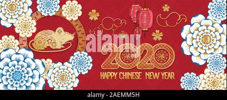 Joyeux Nouvel An chinois 2020 année du rat style coupe papier. Le signe de zodiaque pour carte de voeux Illustration de Vecteur