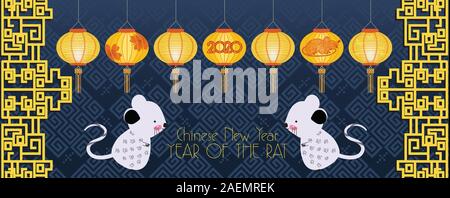 Joyeux Nouvel An chinois 2020 avec des lanternes. Année du Rat Illustration de Vecteur