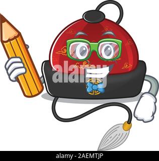 Smart Cool chapeau chinois traditionnel étudiant crayon holding caractère Illustration de Vecteur