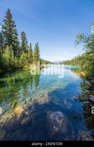 Lac Turquoise, la Vallée des cinq lacs, le Parc National Jasper, le retour des montagnes, Alberta, Canada Banque D'Images