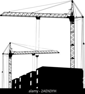 Silhouette de deux grues travaillant dans le bâtiment Illustration de Vecteur