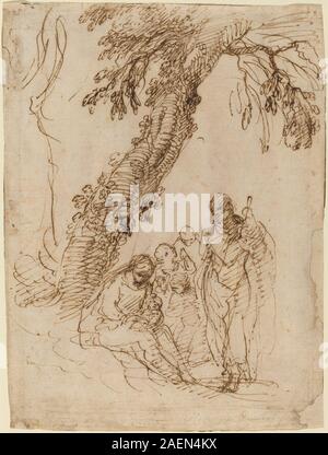 Cette peinture de Simone Cantarini représente la Sainte famille sous un arbre. Il montre Marie, Joseph, Christ enfant, arbre, paysage, posture, gestes, expression et style de peinture baroque italien du XVIIe siècle. Banque D'Images