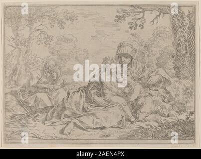 Le tableau de Simone Cantarini, « la Sainte famille », représente la Vierge Marie, Joseph et l'enfant Jésus. L'œuvre reflète des thèmes religieux baroques, une interaction familiale tendre et une utilisation prudente de la couleur et de la lumière pour transmettre la dévotion sacrée. Banque D'Images