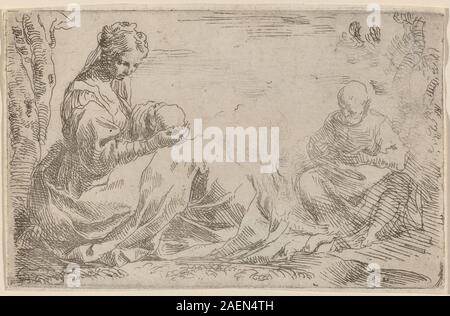 Cette peinture de Simone Cantarini représente la Sainte famille au repos pendant la fuite en Egypte, montrant Marie, Joseph, Jésus, paysage, arbres, rochers, draperies et style baroque italien du XVIIe siècle. Banque D'Images