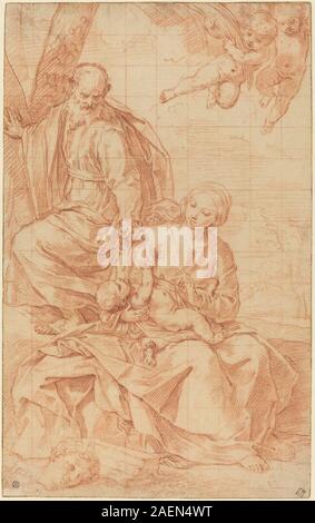 Cette peinture de la fin des années 1630 de Simone Cantarini représente la Sainte famille au repos pendant la fuite en Égypte, avec un palmier miraculeux inclus, illustrant la composition baroque, le récit religieux et des éléments de paysage détaillés. Banque D'Images