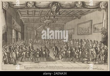 Gravure de Stefano Della Bella, 'le banquet des Piacevoli', datée de 1627, montrant un groupe de personnes rassemblées autour d'une table engagée dans la restauration et l'interaction sociale, typique des scènes de banquet du début du XVIIe siècle. Banque D'Images