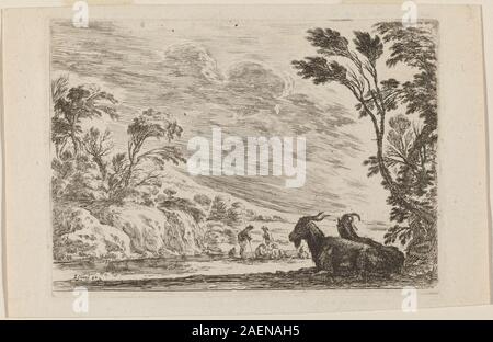 Gravure de Stefano Della Bella datée de 1642 montrant deux chèvres couchées, représentant l'anatomie animale, la posture, la texture de la fourrure, la surface du sol, et style imprimé italien du milieu du XVIIe siècle. Banque D'Images