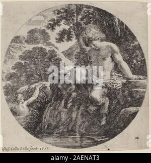 Gravure de Stefano Della Bella datée de 1656 montrant un jeune satyre au bord d'un ruisseau, représentant figure, anatomie, posture, végétation environnante, texture de l'eau et style imprimé italien du milieu du XVIIe siècle. Banque D'Images