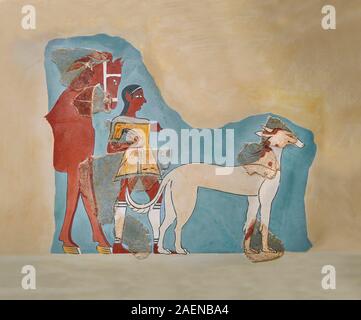 Peinture murale fresque mycénienne d'un Mycanaean valet conduisant un cheval et chien de chasse, Tirynthe, la Grèce. 14e - 13e siècle avant J.-C.. Um archéologique d'Athènes Banque D'Images