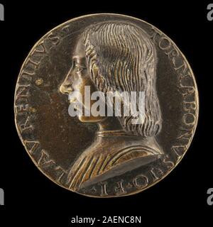 Cette médaille dans le style de Niccolò Fiorentino représente Lorenzo di Giovanni Tornabuoni sur l'avers, montrant un portrait de profil, des inscriptions et un dessin numismatique de la Renaissance italienne, 1466-1497. Banque D'Images