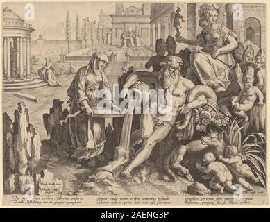 Une gravure de Theodor Galle d'après Jan van der Straet représentant le Dieu Tibre tenant une urne à côté de la Vestale Tuccia, montrant des figures classiques, des draperies et des éléments allégoriques. Banque D'Images