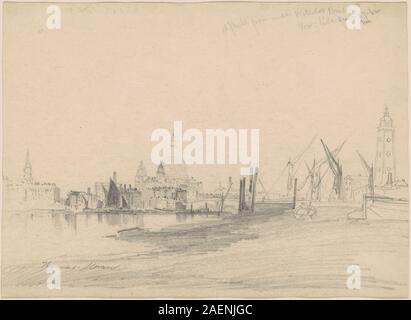 Une peinture de 1862 de Thomas Moran montrant la cathédrale Saint-Paul vue sous le pont de Waterloo à marée basse, soulignant la perspective architecturale et les reflets de la rivière. Banque D'Images