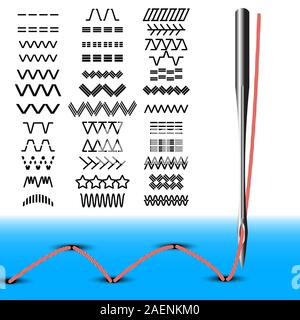 Ensemble de points de couture. Machine à coudre avec du fil d'aiguille. Vector illustration. Illustration de Vecteur