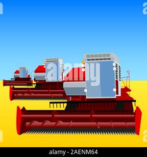 Moissonneuse-batteuse, sur un champ de blé avec un ciel bleu Illustration de Vecteur