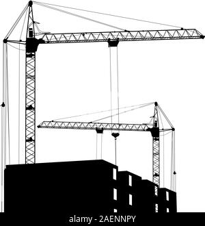 Silhouette de deux grues travaillant dans le bâtiment Illustration de Vecteur