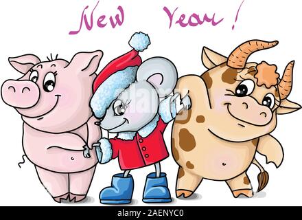 Illustrations vectorielles nouvelle année,sangliers,taureau zodiaque rat, Illustration de Vecteur