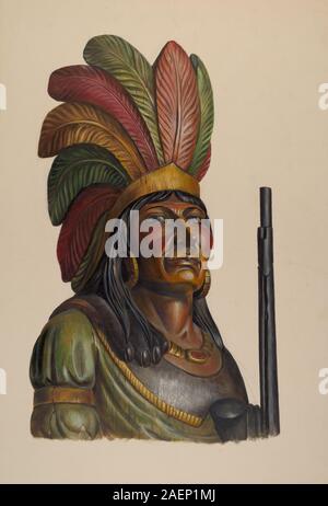 Magasin de cigares figure indienne créée par Walter Hochstrasser vers 1937, faite de bois sculpté et peinte avec des caractéristiques détaillées, destinée à être une figure publicitaire de magasin. Banque D'Images