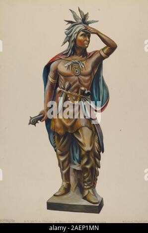 Figure en bois sculptée d'un homme amérindien à utiliser comme publicité pour un magasin de cigares, faite par Walter Hochstrasser vers 1938, avec des détails de surface peints et une tenue traditionnelle. Banque D'Images