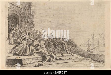 Les disciples de Solon défendant le temple de Vénus de Willem basse, 1634, représente un groupe de personnages engagés dans la défense d'un temple classique, avec des détails architecturaux, des armes et des poses dynamiques, dans le style européen de gravure du XVIIe siècle. Banque D'Images