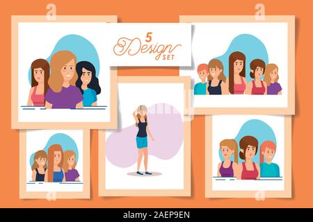 Définir cinq dessins de jeunes womens Illustration de Vecteur