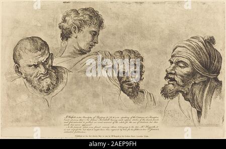 Gravures de William Hogarth vers 1729 représentant quatre têtes des dessins animés de Raphaël à Hampton court, montrant des expressions faciales, des études de tête, une influence classique et un style de gravure britannique du début du XVIIIe siècle. Banque D'Images