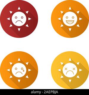 Le soleil sourit modèle plat long shadow glyphe icons set. Triste, larmes, morts de rire, le soleil sourit. Bonne et mauvaise humeur. Silhouette Vector illustration Illustration de Vecteur