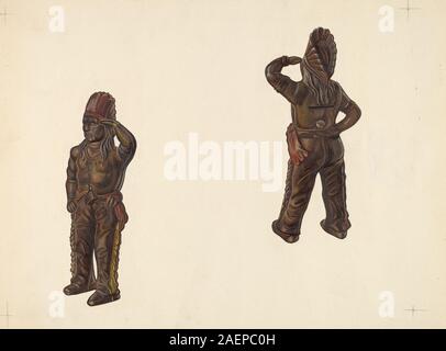 Une banque de pièces créée vers 1938 par William O Fletcher, conçue sous la forme d'une tête de chef indien, probablement en fonte et peinte. La pièce reflète l'Americana du début du XXe siècle et le design de banque de collection, mettant l'accent sur l'artisanat et les motifs culturels de l'époque. Banque D'Images