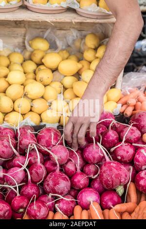 Un homme cueillette à la main le radis et citrons at grocery store Banque D'Images