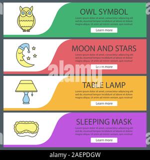 Modèles de page web accessoires dormir ensemble. Chouette, la lune et les étoiles, une lampe de table, masque de sommeil. Couleur du site Web d'éléments de menu. En-têtes Vector concept design Illustration de Vecteur