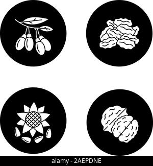 Glyphe d'épices icons set. Les graines de tournesol, raisins secs, noix, baies de goji. Vector silhouettes blanc illustrations de cercles noirs Illustration de Vecteur