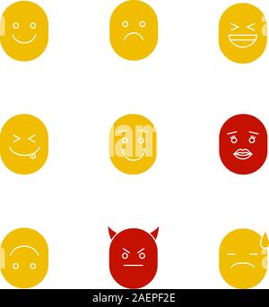 Glyphe de sourires icon set couleur. Symboles Silhouette sur fonds blancs. Sourire, rire, triste, yummy, tête en bas, s'embrasser, devil, déçu des visages. Illustration de Vecteur